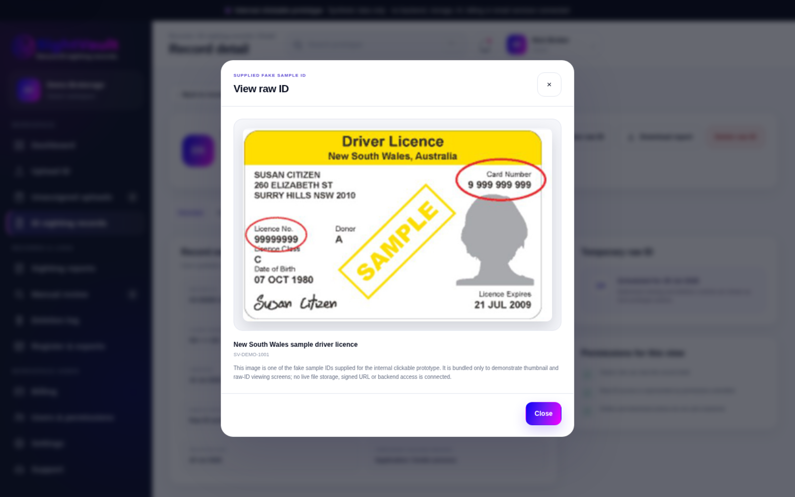 SightVault raw ID viewer showing an active uploaded passport image
